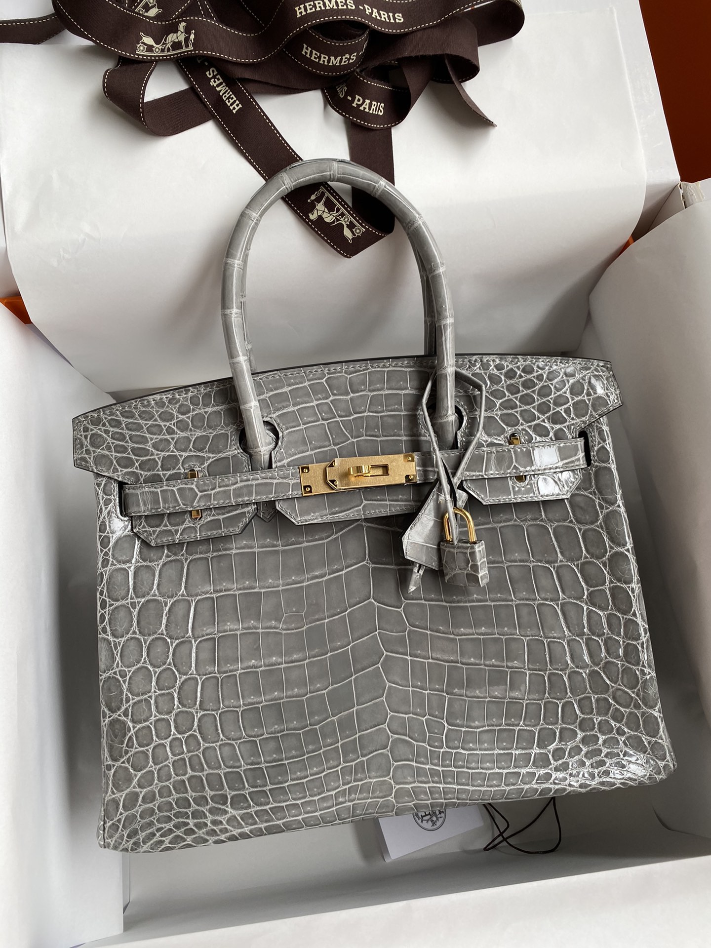 Hermes Birkin 30CM Handmade Bag In Tourterelle Crocodile Niloticus Shiny Skin